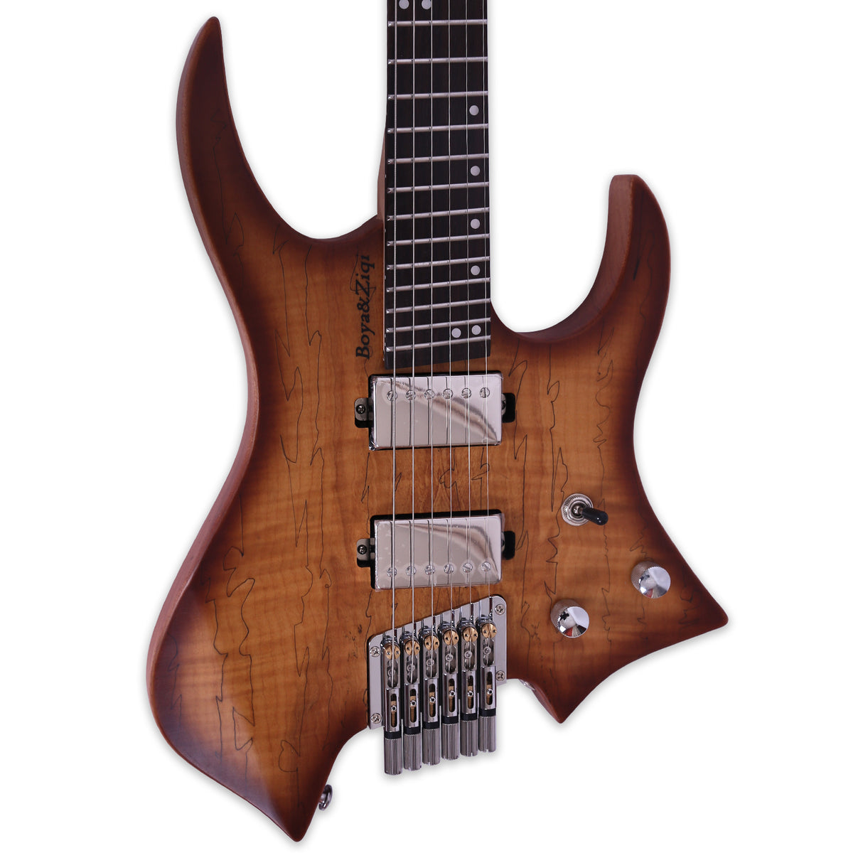 Boya&amp;Ziqi Headless E-Gitarre LIZARD-6, FANNED FRETS, unabhängig einstellbarer Steg, Split Coil Control, 5-teiliger Hals aus Ahorn/gestreiftem Ebenholz 