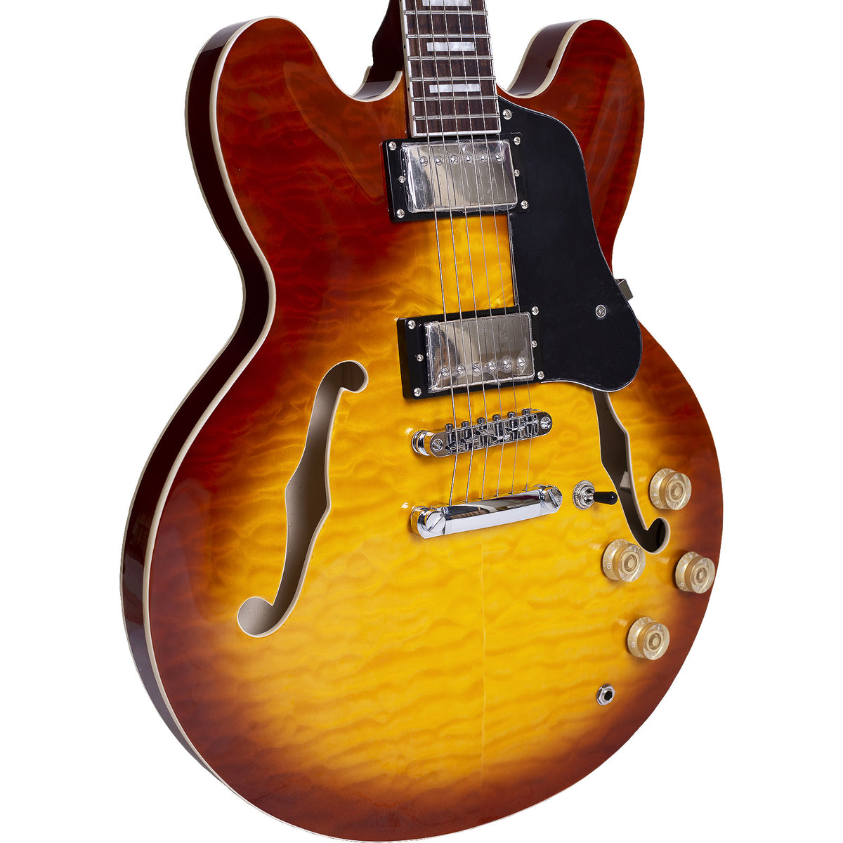 Boya&Ziqi BZE-35 Semi-Hollow-Body Electric Guitar, Stainless Steel Frets (Hand Polished), 2 Push-Pull Volume Controls, Mahogany Neck, Maple Body Topped with Quilted Maple, 6-String, Vintage Sunburst