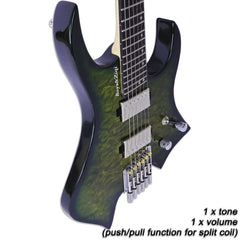 Boya&amp;Ziqi Headless E-Gitarre LIZARD-6, FANNED FRETS, unabhängig einstellbarer Steg, Split Coil Control, 5-teiliger Hals aus Ahorn/gestreiftem Ebenholz 