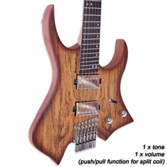 Boya&amp;Ziqi Headless E-Gitarre LIZARD-6, FANNED FRETS, unabhängig einstellbarer Steg, Split Coil Control, 5-teiliger Hals aus Ahorn/gestreiftem Ebenholz 